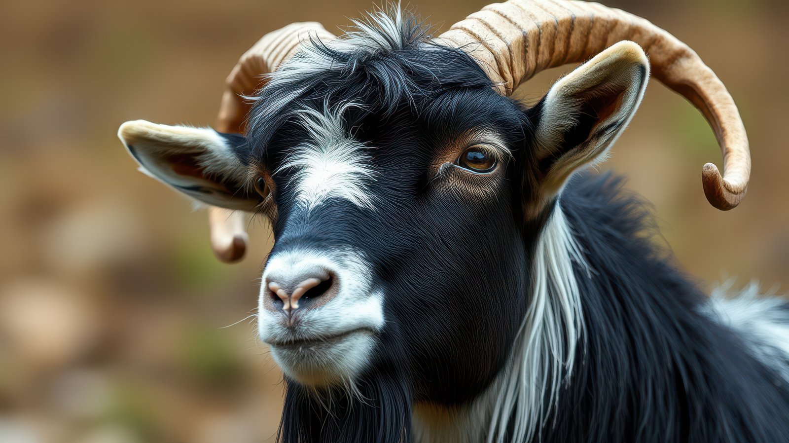 Majestic black and white goat with curved horns resting in a natural setting during daylight hours